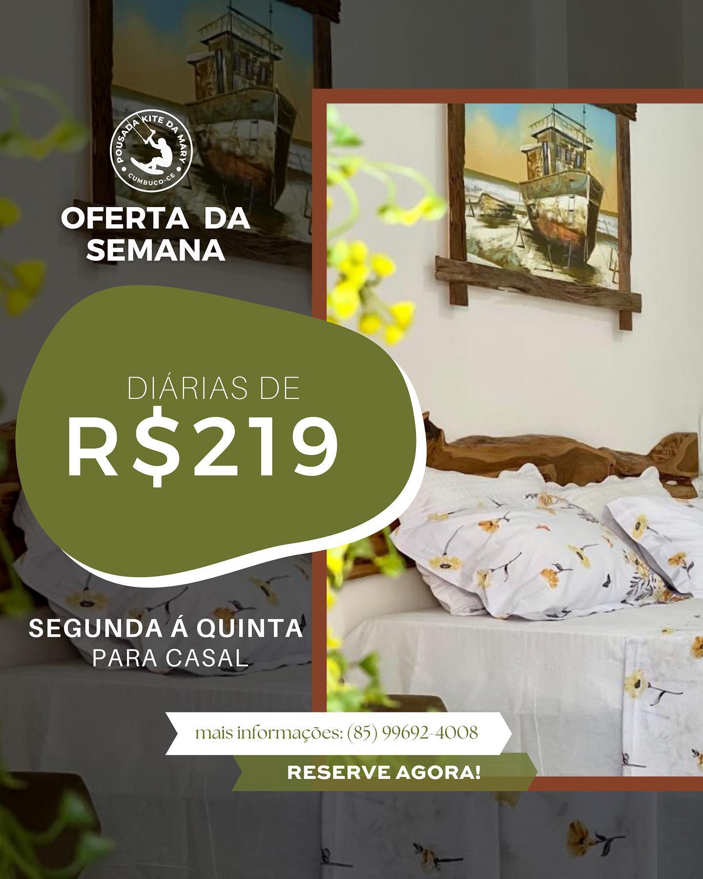Confira nossa promoção para você curtir suas férias com a sua família 💚🌴 

Lazer e descanso é na Kite da Mary! 

-

Reserve pelo WhatsApp 👇🏻
(85) 99692-4008
📍 Praia de Cumbuco

#cumbuco #cumbucobeach #cumbucoceará
#entretenimento #lazer #kitepoint #kitecumbuco #cumbucopraia #pousada #pousadacumbuco